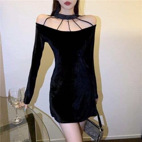 Hollow Out High Waist Girl Long Sleeve Dresses Solid Black Gothic Lady Elegant Mini Dress Hole Slash Neck Korean Fashion Cloth