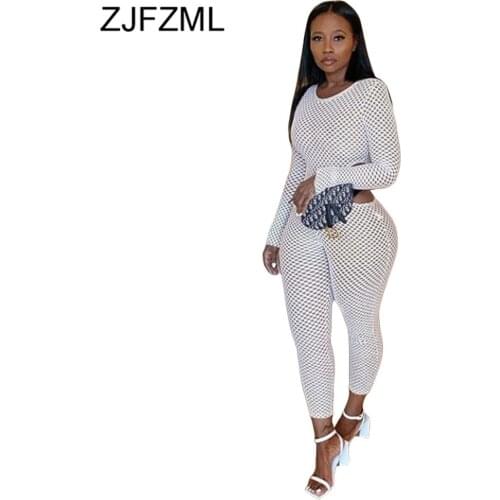 White Fishnet Hollow Out Skinny Jumpsuit for Women Sexy O-neck Long Sleeve Slim Romper Autumn Waist Band Cut Out Bodycon Catsuit