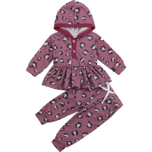 2021 0-3Y Casual Kids Baby Girl Clothes Set Purple Leopard Print Long Sleeve Hooded Dress Top+Pants Spring Autumn Outfits 2pcs