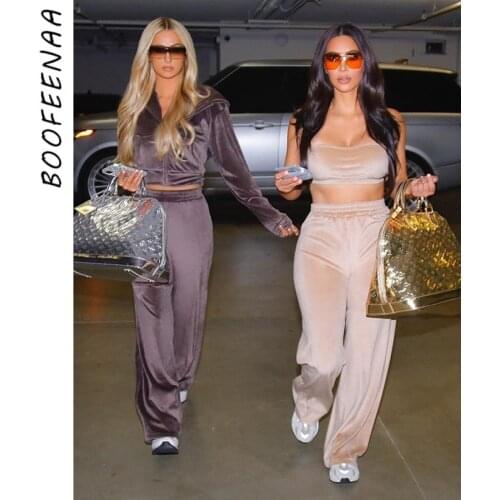 BOOFEENAA Sexy Sporty Velvet Sweat Suits 3 Piece Set Cropped Hoodie Tube Top and Pants Women Tracksuit Winter Outfits C95-ED60