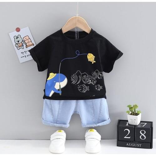 Children Summer Cotton Baby Boys Girls Clothes Sport Cartoon T Shirt Denim Shorts Jeans 2Pcs/Sets Leisure Kids Toddler Tracksuit