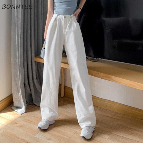 Jeans Women Loose High Waist Wide Leg Solid Minimalist Leisure Fashion Daily All-match Thin Summer Femme Trousers Streetwear Ins