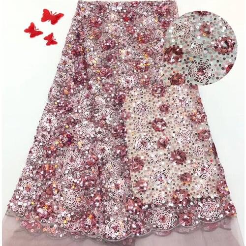 Sequined French lace fabric, new pink tulle lace, bridal wedding lace dress fabric JD00011