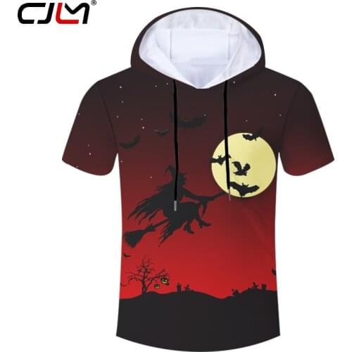 CJLM Mens Halloween Interesting Broom Witch 3D Printed Animal Black Bat Yellow Moon Man Spandex Gothic Clothing Hooded Tshirt