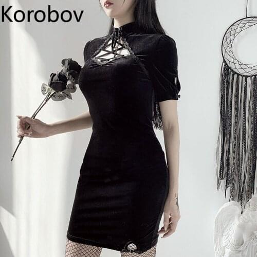 Korobov 2020 Summer New Dark Style Dress Harajuku Ulzzang Sexy Bandage Dresses Elegant Hollow Out Slim Vestidos Mujer