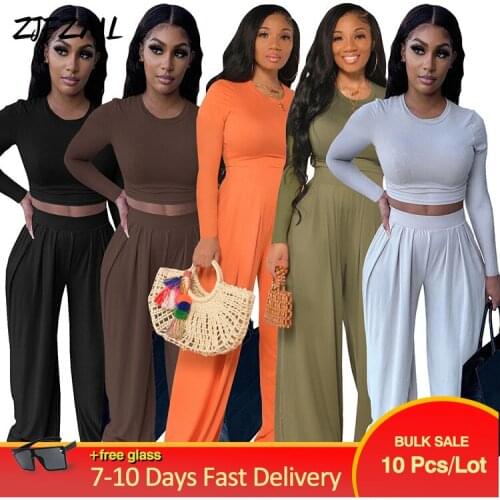Bulk Items Wholesale Lots 2 Pieces Pant Sets Women Long Sleeve Basic T-shirt+loose Wide Leg Pant Sweatsuit Loungewear Outfits