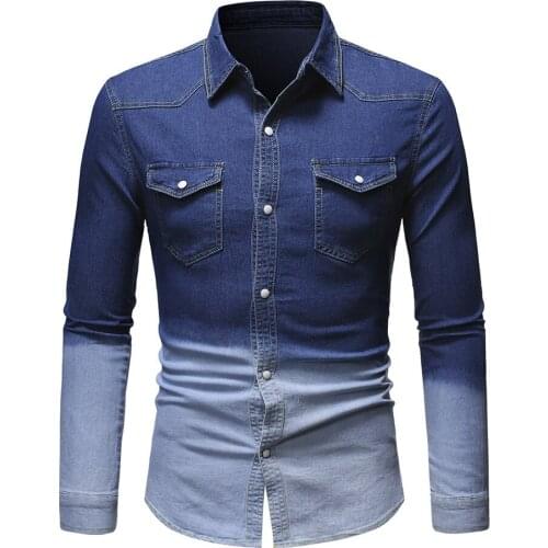 2021 New Mens Gradient Wash Denim Long Sleeve Shirt Large Denim Mens Shirt
