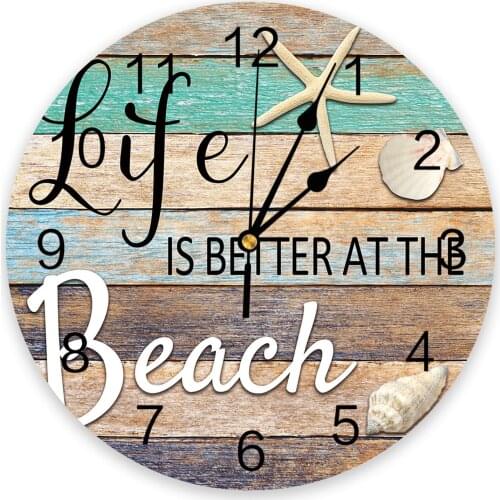 Ocean Beach Wood Grain Starfish Shell Print Wall Clock Wall Art Silent Non ticking Round Wall Watch for Home Decortaion Gift