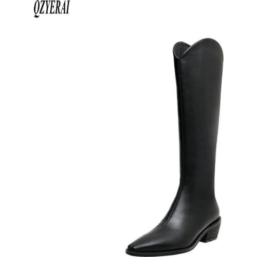 New winter Knee-high boots Genuine leather Women boots Motorcycle boots fashion Female boots warm Women shoes Size 34-43