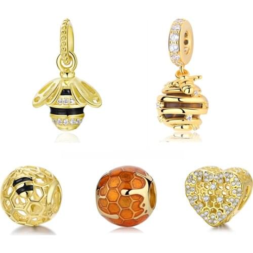 Original 100% 925 Sterling Silver Bead Charm Honeybee Queen Bee Pendant Charms Shine Gold Fit Pandora Bracelet Women Diy Jewelry