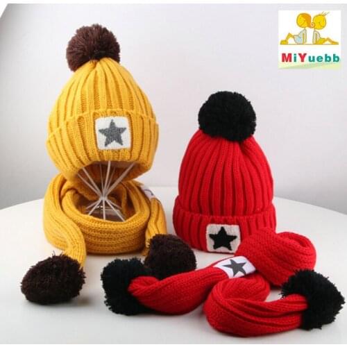 2-9 years old child Winter boys girls wool Solid color cap Two-piece hat scarf Outdoor warm Fashion ball ear protection MZ12