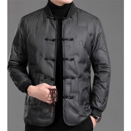 Chinese Style Winter Down Jacket Mens Coat 2021 New Retro Pan Buckle Baseball Collar Warm White Duck Jacket Tang Suit