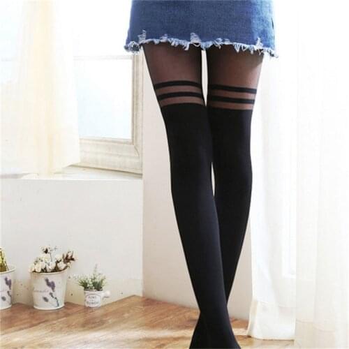 Sexy Black Temptation Sheer Mock Suspender Tights Pantyhose Stockings Women Cool Mock Over The Knee Double Stripe Sheer Tights