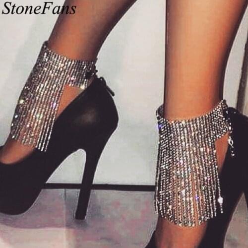 Stonefans Shiny Multi-row Rhinestone Long Tassel Anklet Bracelet Charms Goddess Favorite Luxurious Foot Jewelry Barefoot Sandal