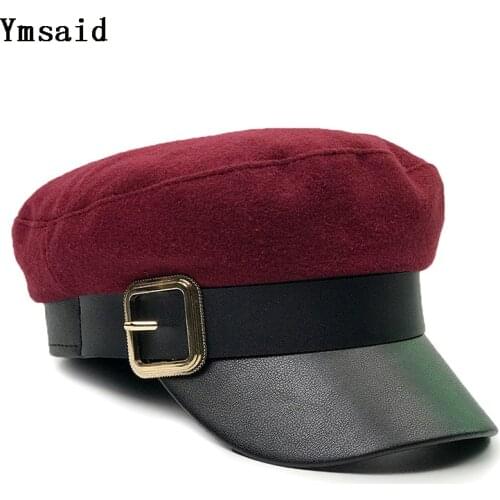 Ymsaid 2018 New Ladies Black Military Cap Fashion Flat Top Hat Woman Autumn Winter Warm Thickening PU Leather Bone Newsboy Cap