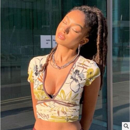 Womens Casual Short Sleeve T-shirt Fashion Flower Exposed Navel Slim Fit Pullover Tops