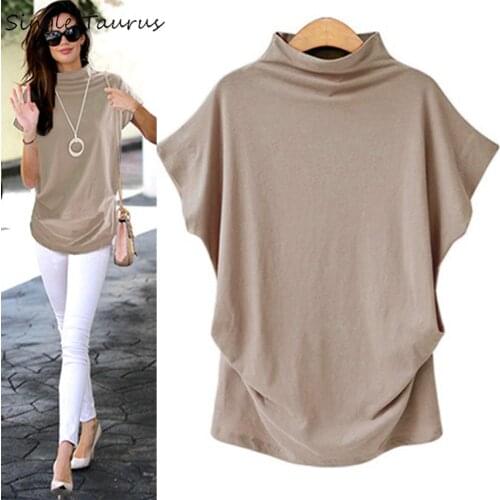 Women Casual Turtleneck Short Sleeve Tops Cotton Soft Solid Color Girl Top Shirt Female Plus Size Summer Womans Clothing