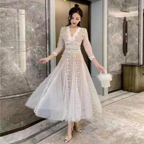 IVY HE Woman Flower Lace Embroidery Mesh Maxi Dress Sweet Women Long Sleeve Sexy V Neck Polka Dot White Party Dresses Vestidos