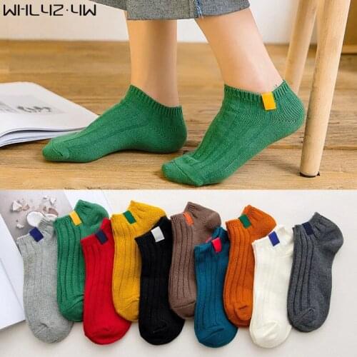 5 Pairs Cotton Ankle Socks Woman Girl Bright Color Striped Cloth Label Weave Vintage Breathable Harajuku Boat No Show Socks