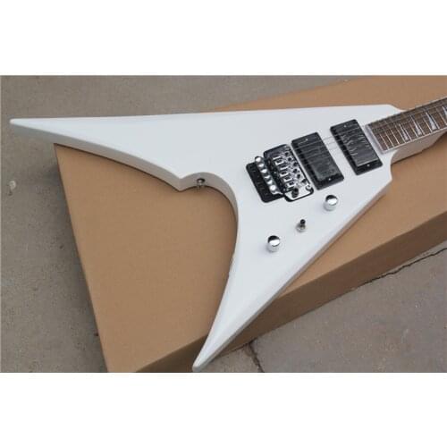 Custom 6 string guitar,irregular V shape white body ,shell inlay,tremolo bridge, HHpickups,active battery