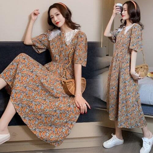 6873# Maternity Dress Summer French retro floral Cotton Short Sleeve Loose Stylish Dress for Pregnant Women Mom Dress