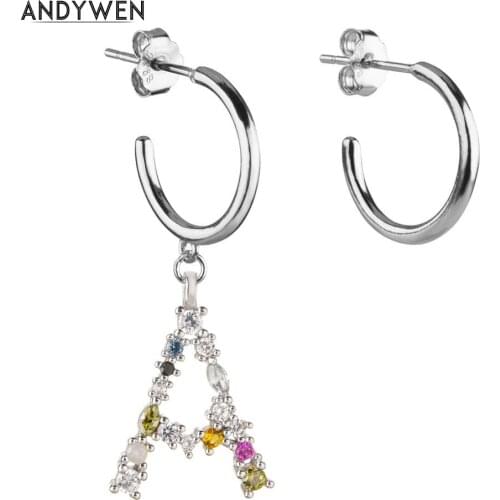 ANDYWEN 925 Sterling Silver Luxury A E Letter Drop Earring Alphabet G S Earring Initial Hoops Colorful CZ Rainbow Jewelry