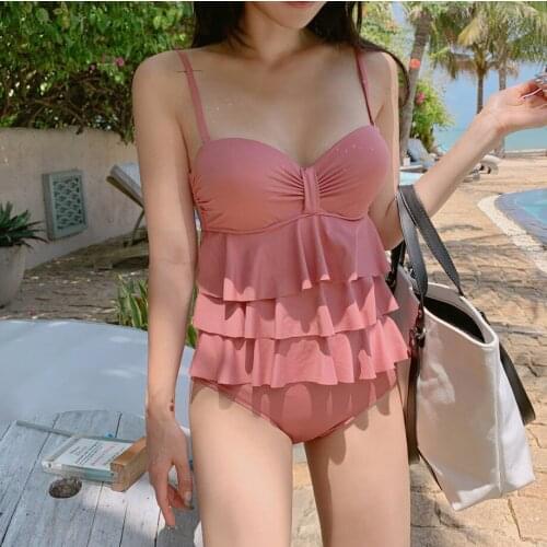 Korean Style One Piece Swimwear Women Ruffle Swimwear Push Up Swimsuit Solid Bathing Suit Sexy Camisole Monokini Beachwear