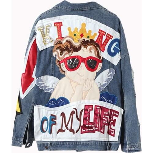 Boyfriend Style Denim Jacket Women Lapel Long Sleeve Jean Jackets Embroidery Patch Denim Coat Casual Loose Pocket Streetwear New