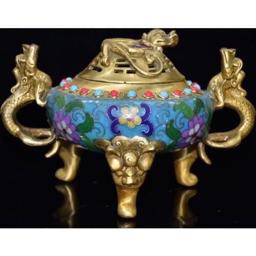 8"Chinese Folk Collection Old Bronze Cloisonne Dragon statue Dragon Binaural Three-legged Gossip incense burner Office Ornaments