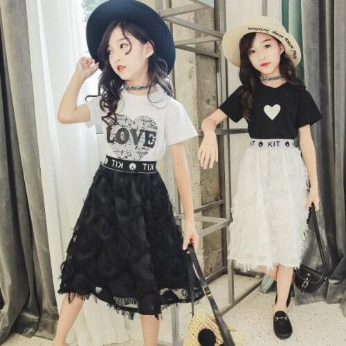 Girls Skirt Set Kids Clothing Suit New Teen Girls 2 Pcs White Heart Print T-Shirt + Skirts Clothes For Girls 12 Years Old skirts