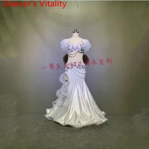 Customized Belly Dance Sheer Bra Fishtail Splicing Skirt Set Women Oriental Indian Drum Dance Group Competition Costume Garments