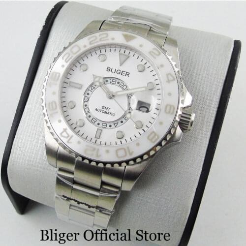 43MM BLIGER White Dial Sapphire Glass GMT Display Mens Watch Ceramic Bezel Date relojes hombre 2018 Automatic Movement Watches