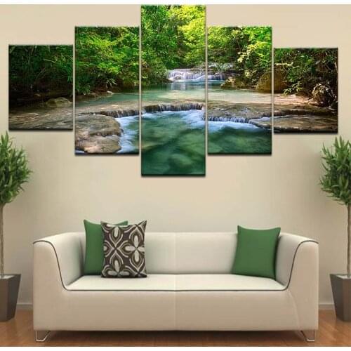 Wall Art The waterfall in green forest modern Wall posters Canvas Art painting 5 Panel HD Print For home living room decoration
