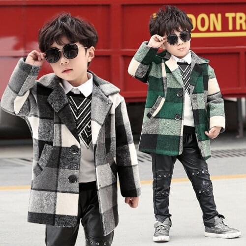 Boys Winter Autumn Hoodless Plaid Pattern Mid-long Single Breasted Fashion Korean Style Thicken Warm Woolen Coat