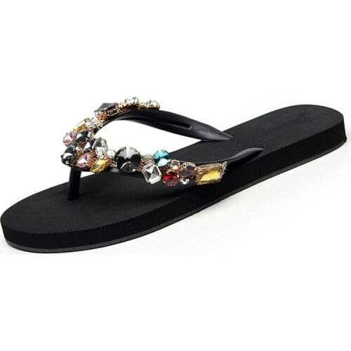 Dropshipping Womens Flat Comfortable Beach Shoes Non-slip Soft Bottom Casual Flip Flops Rhinestone Decoration Summer Slipper