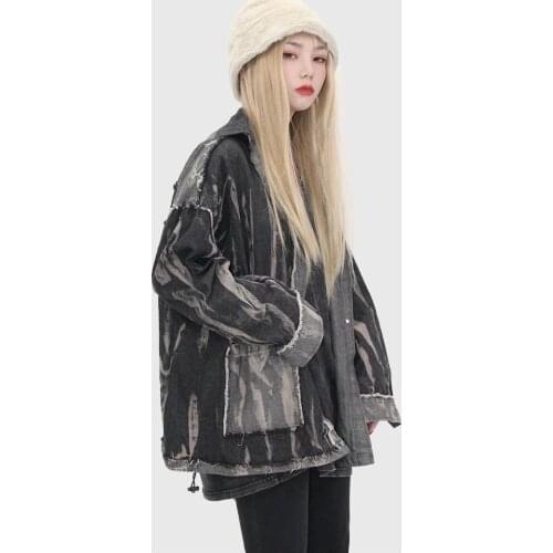 Homemade Denim Spliced Turn Down Collar Frayed Shirts Loose Blouse Single-breasted Jacket Holes Cardigan Crop Tops Streetwear