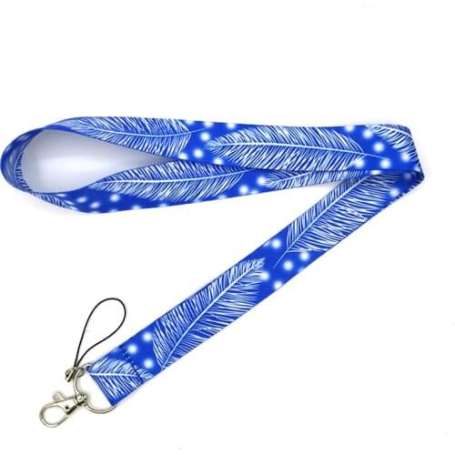 White Snow Blue Leaves Feathers Lanyard Badge ID Mobile Phone Rope Key Lanyard Neck Straps Accessories webbings ribbons