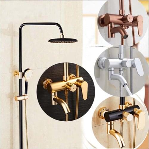 Rose Gold Wall Mounted Bathroom Shower Faucet Set Single Handle Aluminum Space Faucet With Hand Shower Spray 8" Rainfall Head