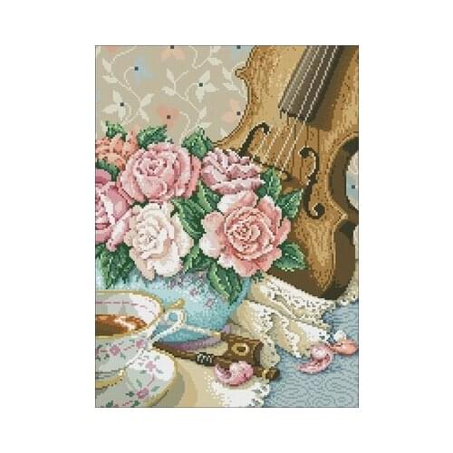 -rose vase and violin Needlework,For Embroidery,DIY 14CT Unprinted Arts Cross stitch kits Set Cross-Stitching Home Decor