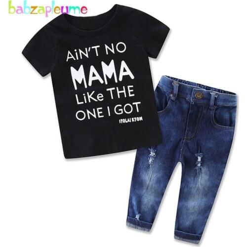 2PCS/2-7Years/Spring Summer Baby Boys Suits Fashion Kids Clothes Letter Black T-shirt+Casual Jeans Children Clothing Sets BC1032