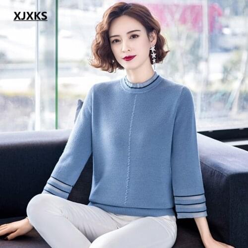 XJXKS Round neck three-quarter sleeve women knitted sweater 2021 spring autumn new high elastic thin sweater women pullover