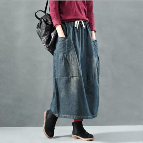 Women Skirt Spring Summer Retro Casual Denim Skirt New Elastic Waist Drawstring pocket Bleached Vintage Loose Denim Skirt
