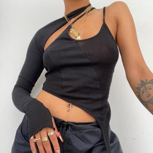 Gothic Black Camis Punk Irregular One Shoulder Bandage Womens T-Shirt Autumn Casual Skinny Long Sleeve Hollow Out 2 Piece Top