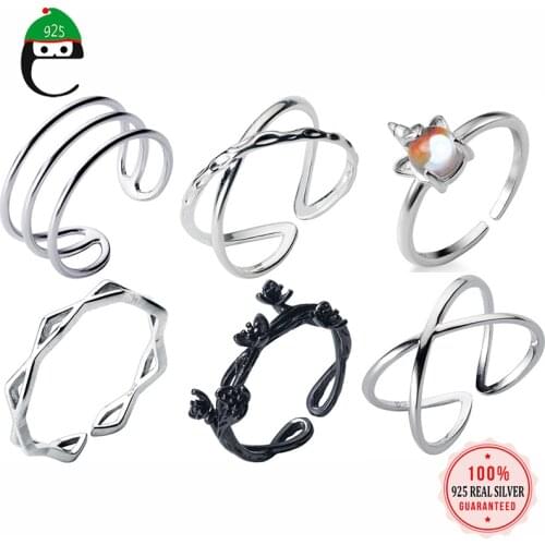 ElfoPlataSi 100% 925 Sterling Silver Cross unicorn Star Leaves Mermaid tail Open Finger Ring for Women Silver 925 Jewelry ED397