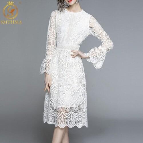 SMTHMA New Autumn Fashion Runway Sexy Lace Long Dress Womens Flare Sleeve Elegant O-Neck Hollow Out Vestido Da Festa