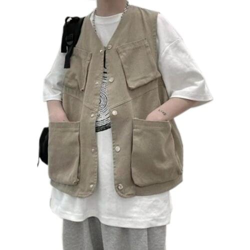 New Korean Men Cargo Vest Mens Fashion Tooling Vest Hip Hop Sleeveless Jacket Loose Casual Multi-Pocket Outdoors Spring Jacket