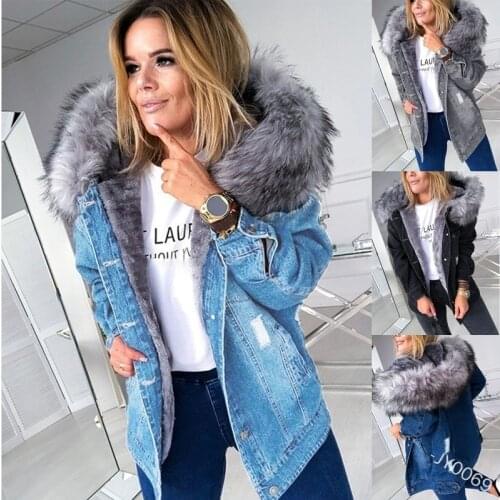 Lugentolo Winter Coat Women Vintage Fur Collar Jean Jacket Mid-length Distressed Coat with Holes Hooded Denim Jackets