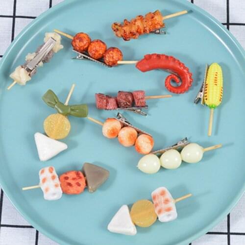 1pcs PVC Simulation BBQ Barbecue Food Hairpin Female Oden Skewers Creative Hairpin Side Clip