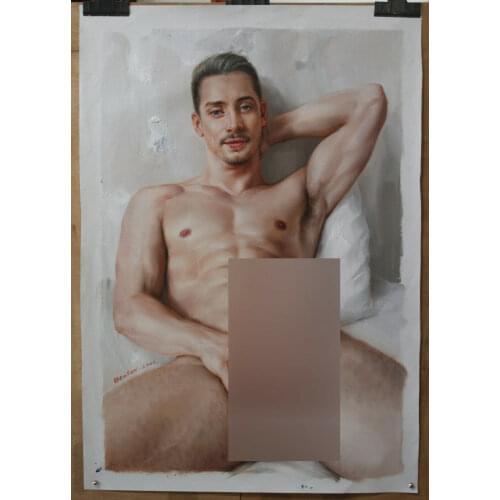 100%hand-painted Fine art nude male original oil painting men Sitting on the bed 24"x36" 027