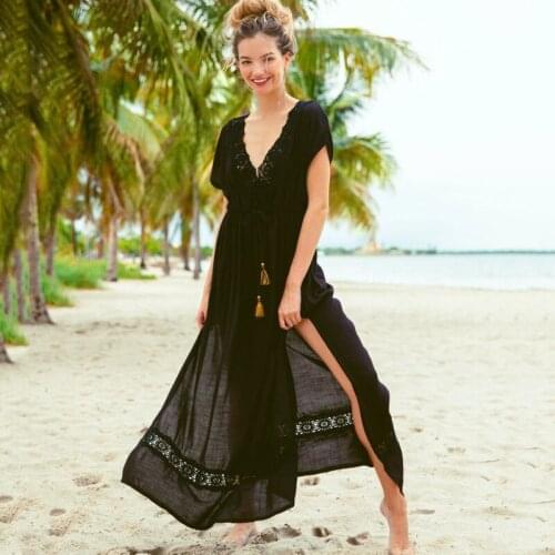 2021 Cotton Bikini Cover up Long Lace Dress White Belt Tassel Maxi Beach Dress Robe Plage Swimsuit Cover up Pareos de Playa